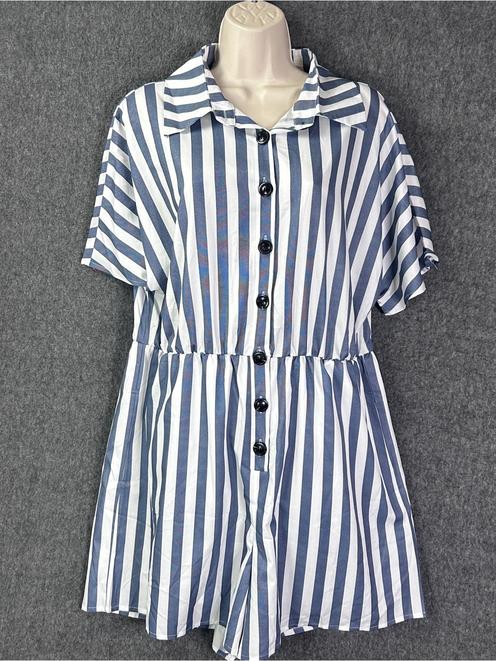 BloomChic Romper Womens 10 Blue White Striped Collared Button Front Pockets Plus